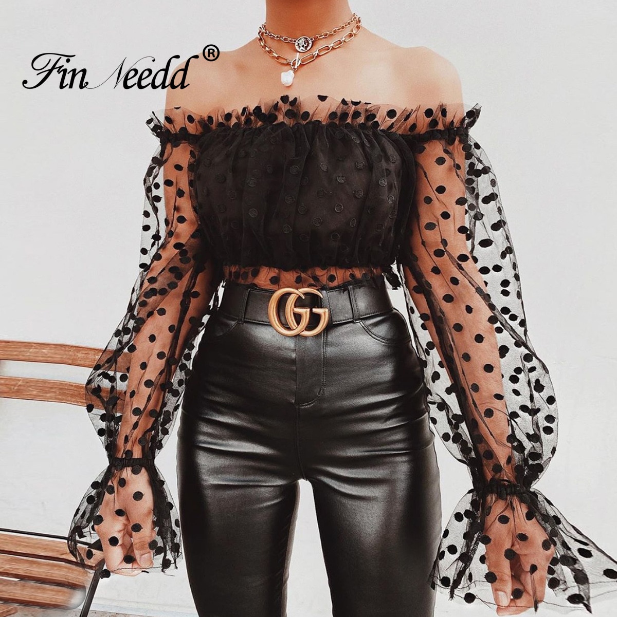 2020 Spring Summer Sheer Mesh Top Polka Dot Blouse Lantern Sleeve Off Shoulder Shirt Womens Transparent Top Plus Size Streetwear