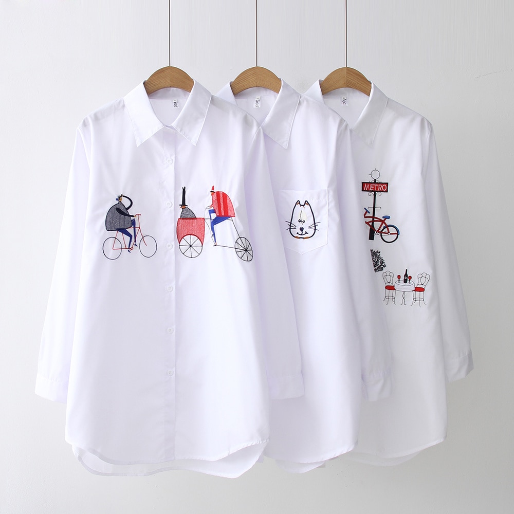 2020 Spring White Shirt Wear Button Down Shirts Casual Women Loose Blouses Turn Down Collar Embroidery Feminina Comfortable