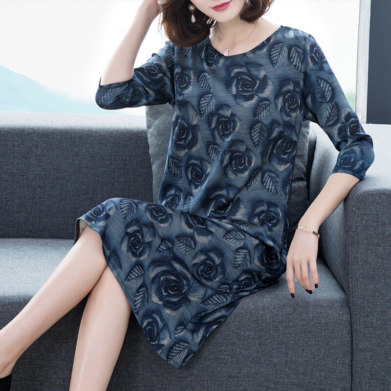 2020 Spring Women Clothing Natural Print Xiangyunsha Silk Silk Noble Knee-Length Dress L-4XL O-Neck Regular Elegant Dresses