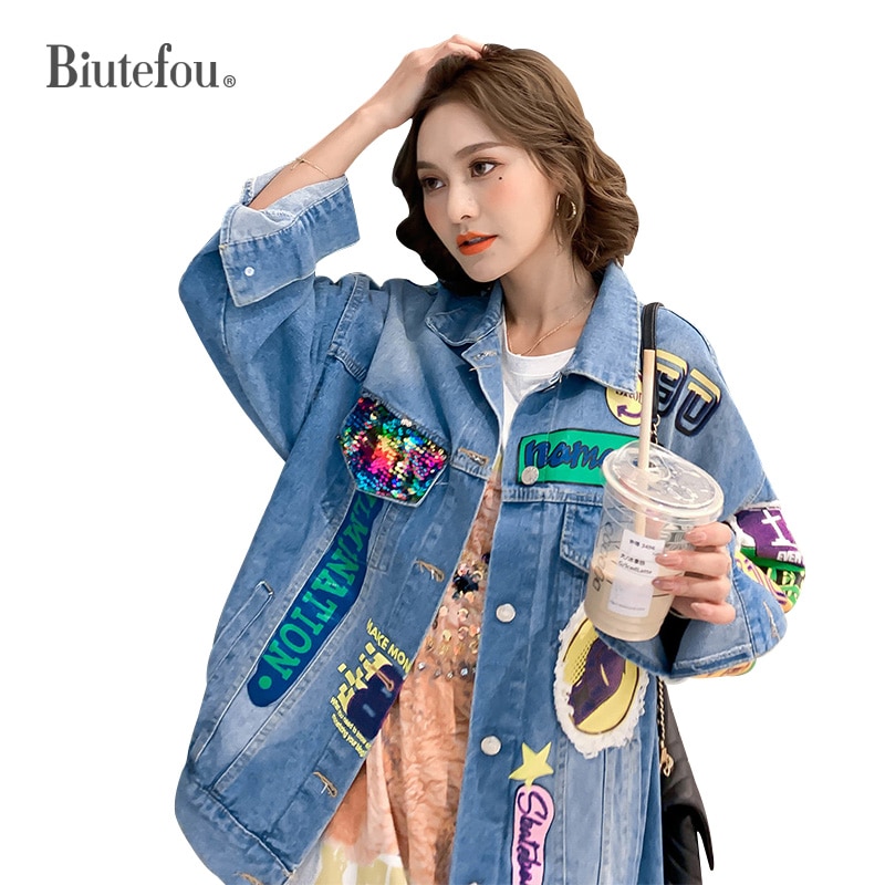 2020 Spring denim jackets fashion sequins cartoon print women jackets