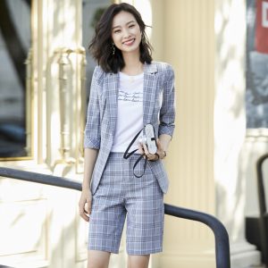 2020 Summer Autumn Plaid Short Pant Suits Women Office Business Suits Uniform Styles Elegant Plaid Pant Formal Work Wear Sets