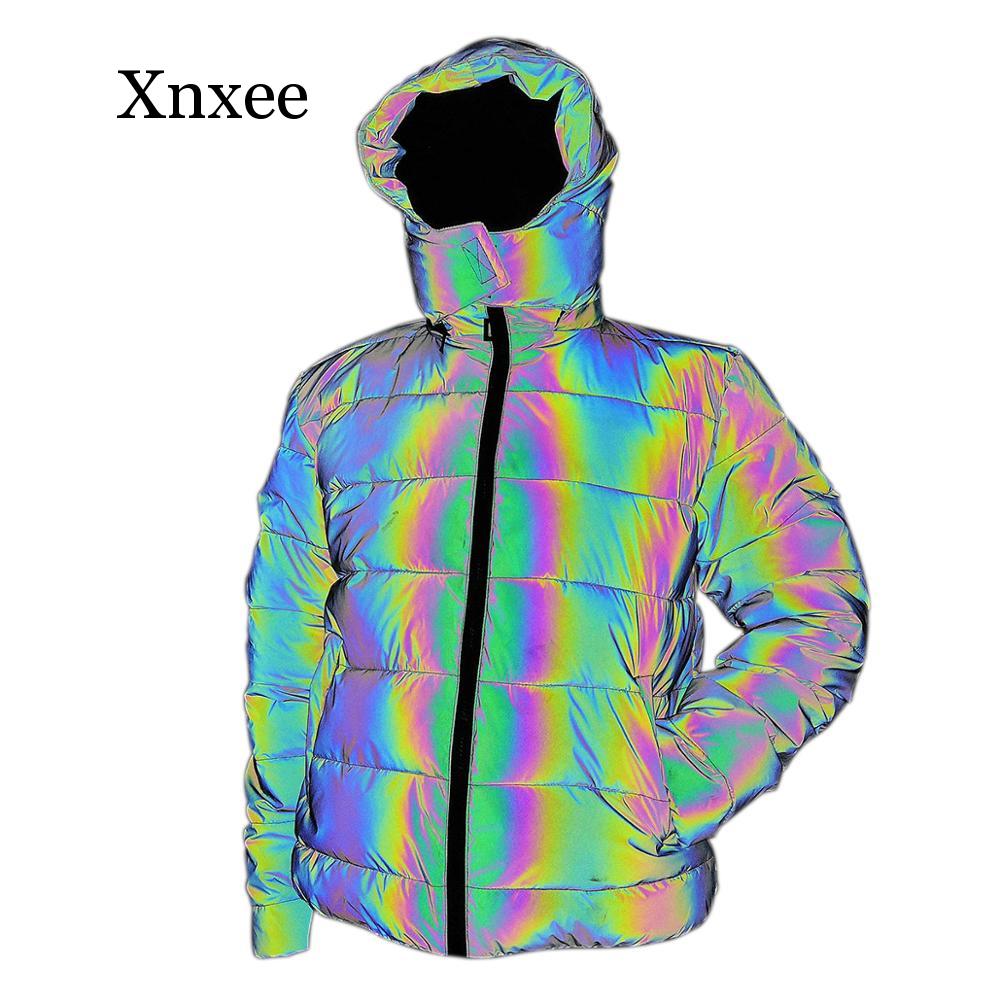 2020 Women Colorful Rainbow Reflective Light Winter Jacket Windbreaker Reflecting Glow Hooded Parka Young Men Warm Padded Coat