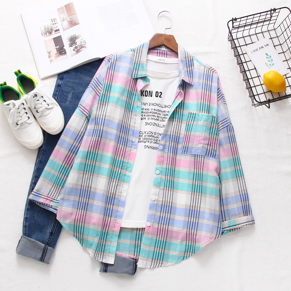 2020 fashion rainbow Plaid Women Loose Blouses Tops Long Sleeve Office Ladies Workwear Femme Pockets Button Down Shirts Striped