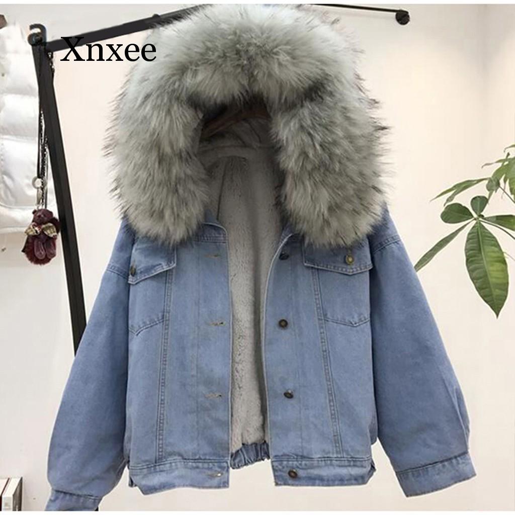 2020 feather Women's Denim Jacket With Fur Winter Jeans Hooded Velvet Coat Faux Fur Collar Padded Warm Jackets Bomber Windbreake