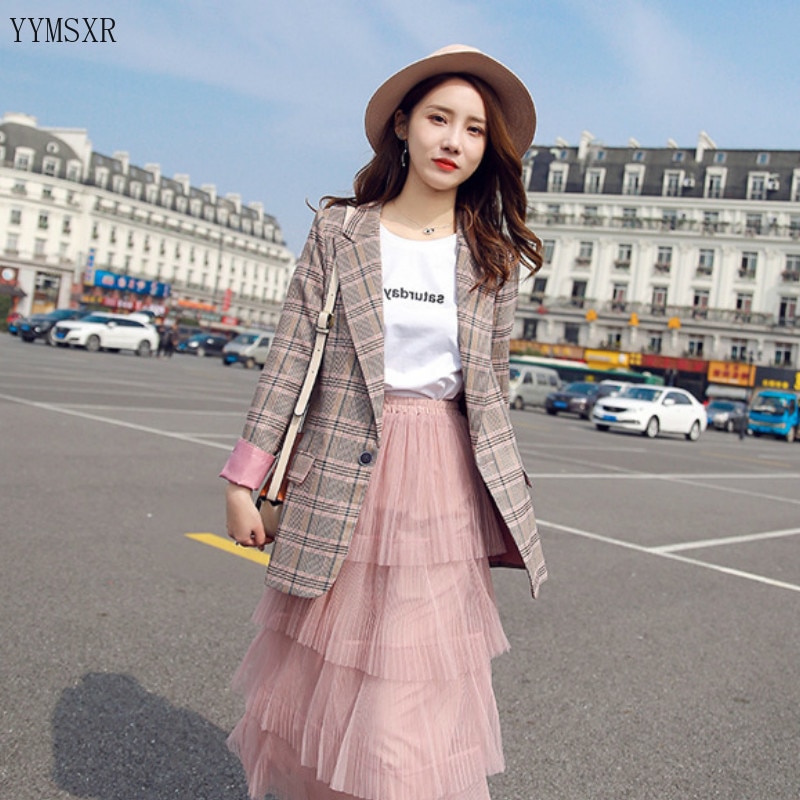 2020 spring and autumn casual ladies jacket Elegant checked ladies mid-length blazer Fashionable feminine suit high quality