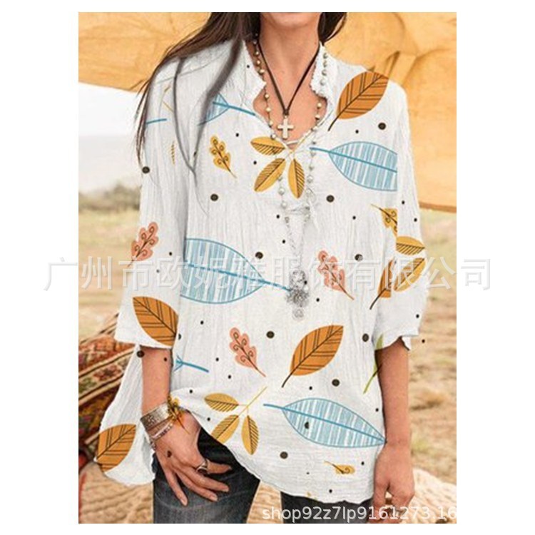 2020 spring and summer large size ladies blouse seven-point sleeve loose digital print pattern V-neck shirt