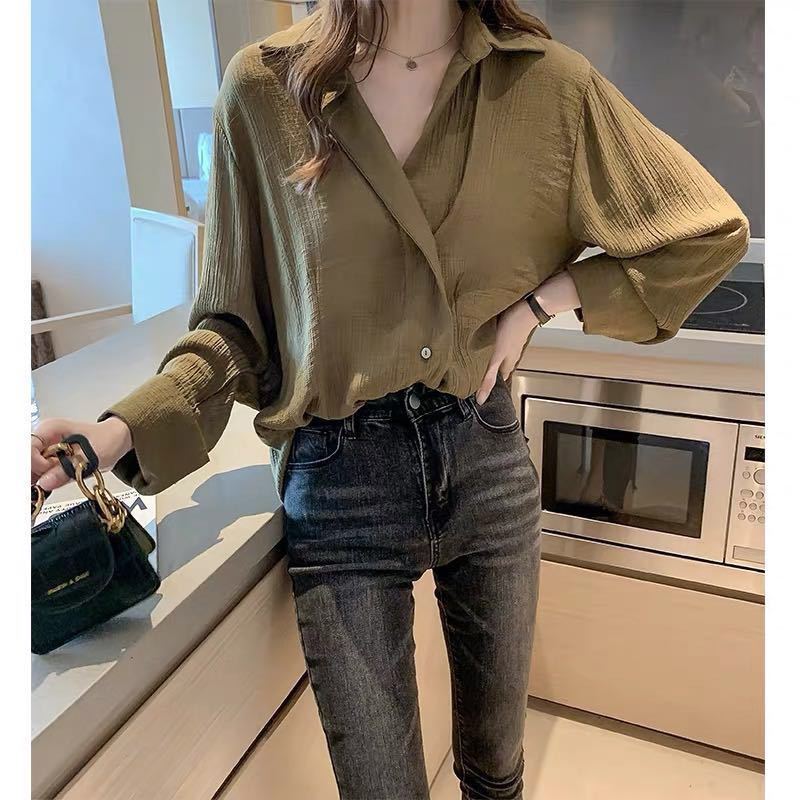 2020 spring and summer new commuter loose design sense solid color lapel long sleeve bottom chiffon shirt women casual large siz