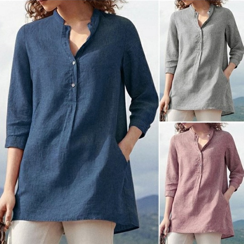 2020 spring new large size ladies blouse women's solid color seven-point sleeve collar cotton shirt