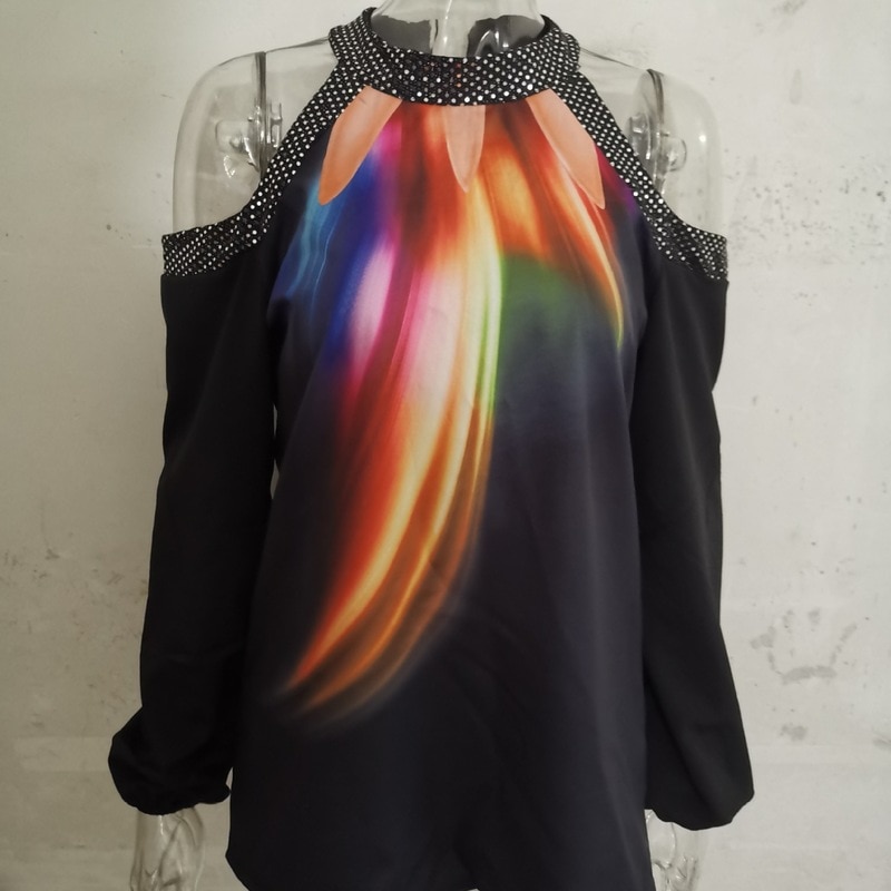 2020 spring new women's large size blouae round neck sequins long sleeve printed off-shoulder shirt