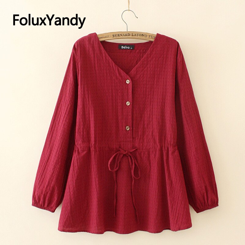 4 Colors V-neck Blouses Women Long Sleeve Shirts Solid Loose Cotton Casual Plus Size Blouse Shirt KKFY4335