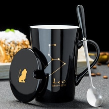 420ML 12 Constellation Creative Ceramic Couple Mug, with Spoon Cover Black Gold Porcelain Zodiac Milk Coffee Cup