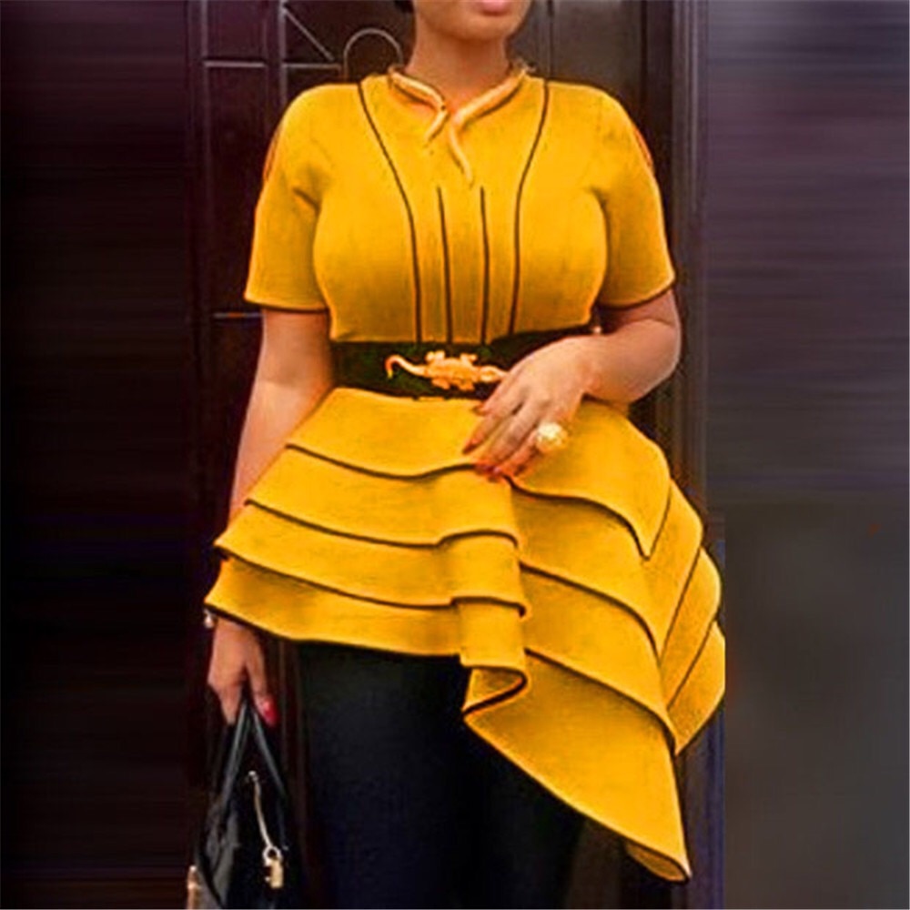 4XL 5XL Falbale Blouse Women Elegant Summer Long Tops Yellow Ruffles Blouse Shirts High Waist Blouse Female Summer Brand Blouse