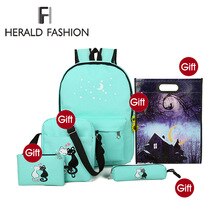 4cs/set Canvas Women Backpacks Schoolbag Printing Cute Cat School Bag Backpack For Teenager Girls Green Rucksack Moclila Sac