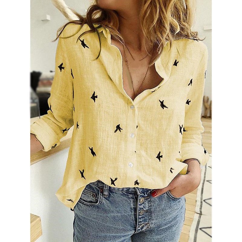 5Xl Women 2019 Autumn Loose Bird Printed Blouse Casual Long Sleeve Linen Shirt Cardigan Plus Size Blouse