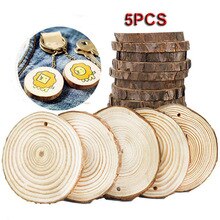 5pcs Unfinished Natural Round Wood Slices Circles With Hole&Rope Tree Bark Log Discs For DIY Crafts Wedding Party Painting Decor