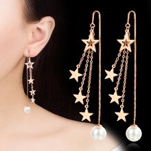 8Seasons Fashion Ear Line Rose Gold/Silver Color Long Tassel Dangle Star Imitation Pearl For Women Party Drop Earrings Jewelry