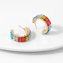 8Seasons Fashion New Multicolor Glass Drill Stud Earrings Female C-Shaped Earrings Jewelry For Women Gifts Punk Style Party
