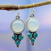 8Seasons Vintage Long Natural Moonstone Round Blue Rhinestone Female Dangle Earrings Wedding Party Drop Earrings Fashion Jewelry