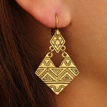 8Seasons Vintage Rhombus Alloy Metal Carved Geometric Irregular Drop Earrings Women Bohemian Purple Semi-precious Stone Earrings
