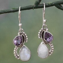 8Seasons Vintage Silver Dangle Earring Openwork Pattern Purple/White Moonlight Stone Earring Anniversary Party Bridal Engagement
