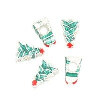 8Seasons Zinc Based Alloy Beads Christmas Tree Hat Silver Red & Green Enamel Jewelry DIY Gifts, Hole: Approx 4-4.4mm, 5 PCs