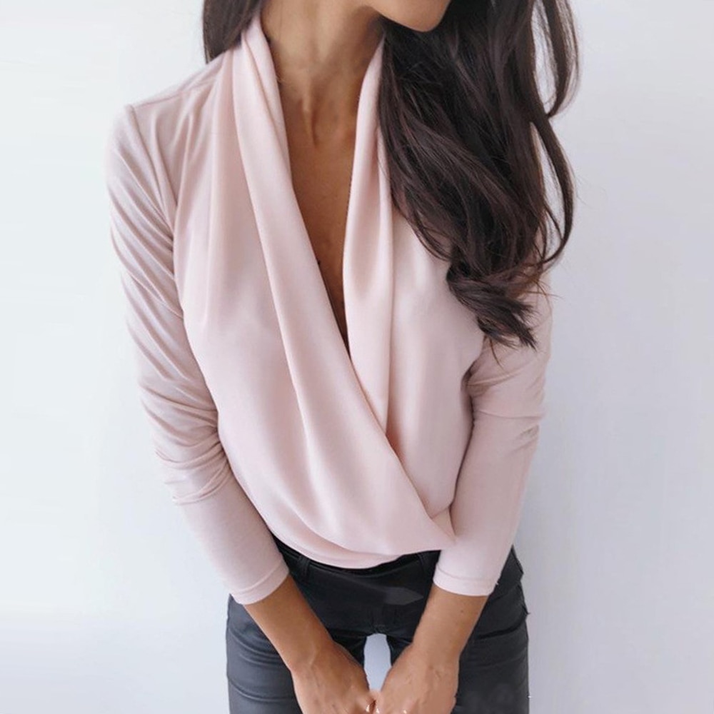 Adisputent 2020 Spring Women Blouse Long Sleeve Stand Collar Solid Color Loose Chiffon Cardigan Blouse Deep V Neck Office Shirts