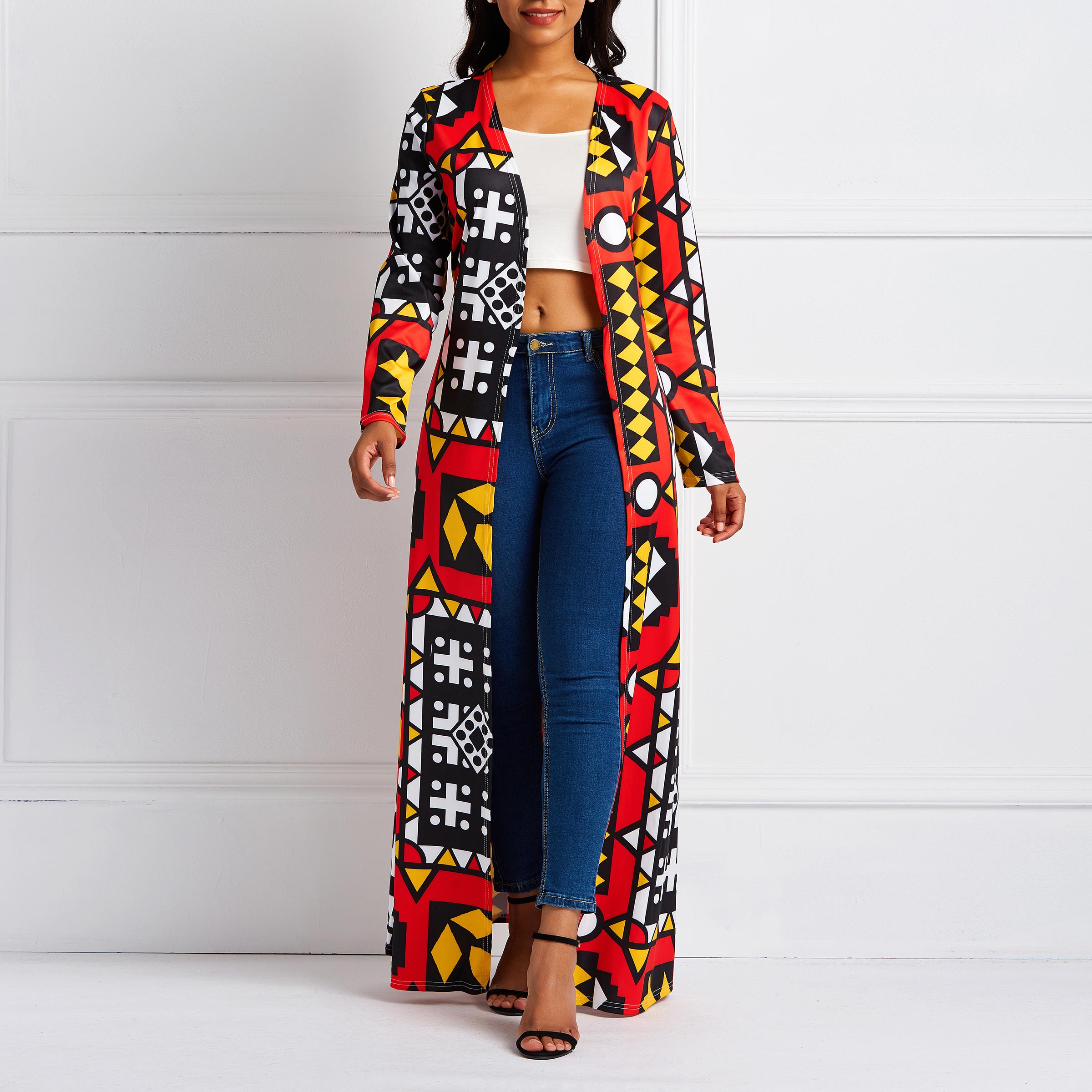 African Ethnic Print Long Coat Women Overcoat Autumn Outwear Red Plus Size Womens Clothes Lace Up Boho Oversized Trench Coats
