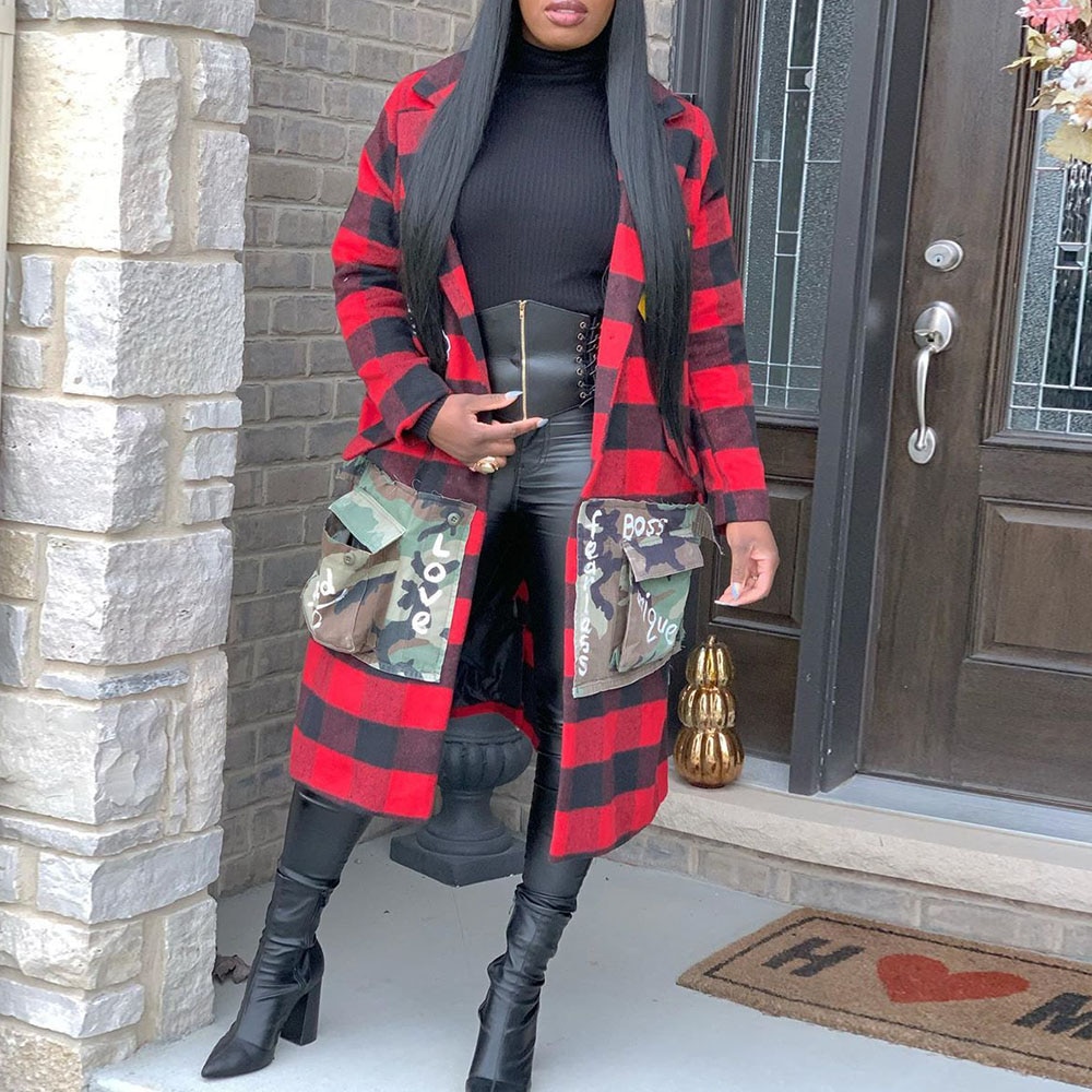 African Fashion Wool Blends Women Autumn Plue Size 3XL Plaid Camo Pockets Patchwork Long Overcoat Retro Winter Coats Outwear
