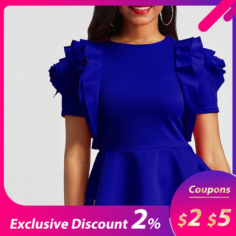 African Women Office Lady Work High Street Summer Cascading Ruffle Slim Blouses Shirts Tops Retro Royal Blue Blouse Shirt Top