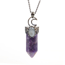 Antique Silver Plated Crescent Moon Hexagon Column Amethysts Pendant Link Chain Necklace Marquise Labradorite Stone Jewelry