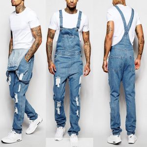 Aolamegs Jeans Men Broken Hole Denim Cargo Overalls Men Solid Color Trousers Big Pockets Jeans Hip Hop Style Casual Streetwear