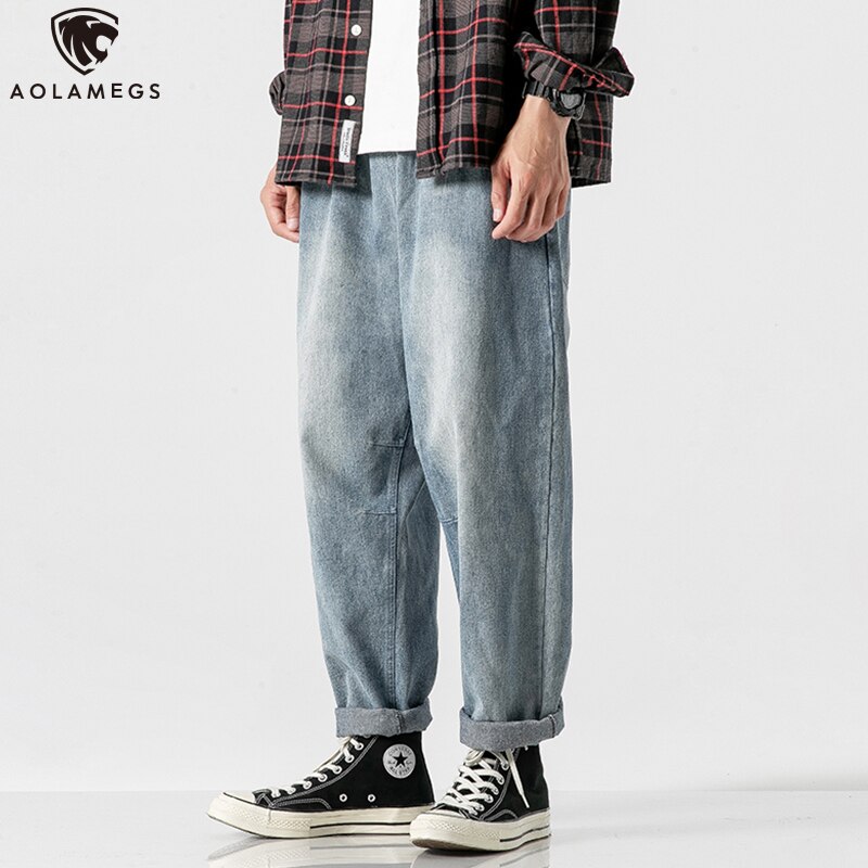 Aolamegs Jeans Men Pants Solid Color Denim Pants Fleece Retro Trousers Baggy Warm Sweatpants All-match High Street Streetwear
