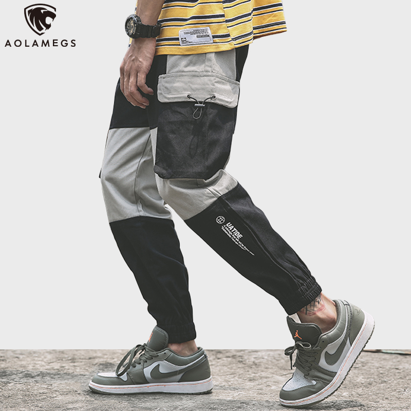 Aolamegs Men Pants Patchwork Color Cargo Sweatpants Elastic Waist Side Pocket All-match Baggy Harem Pants Hip Hop Streetwear