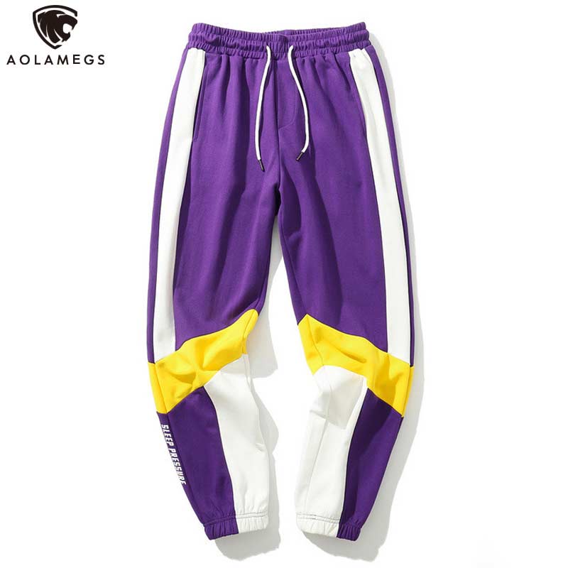Aolamegs Men Pants Patchwork Color Sweatpants Loose Style Drawstring Elastic Waist Casual Harem Pants High Street Streetwear