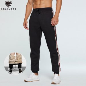 Aolamegs Men Pants Side Striped Sweatpants Elastic Waist Plus Velvet Solid Color Zipper Pockets Pants Casual Style Streetwear