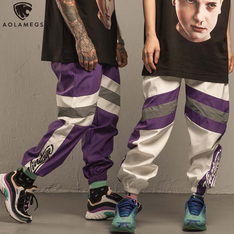 Aolamegs Men Pants Solid Color Thin Sweatpants Striped Print Drawstring Elastic Waist High Street Loose Style Summer Streetwear