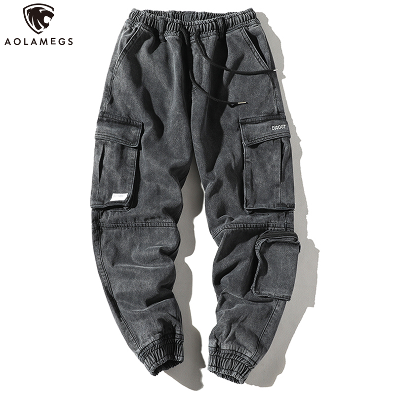 Aolamegs Men Sweatpants Big Pockets Cargo Pants Baggy Solid Color Retro Style Casual All-match High Street Streetwear Autumn