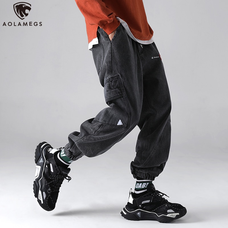 Aolamegs Men Sweatpants Solid Color Cargo Pants Drawstring Retro Style Patchwork Casual All-match High Street Streetwear Autumn