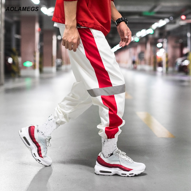 Aolamegs Side Striped Harem Pants Mens Reflective Joggers Pants Elastic Waistband Male Streetwear Fashions Vintage Sweatpants