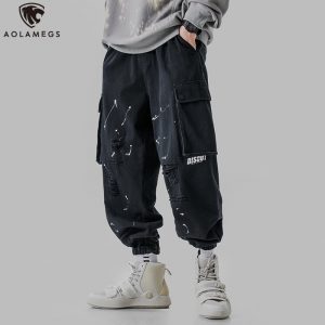 Aolamegs Sweatpants Big Pockets Cargo Pants Men Zipper Loose Hip Hop Style Elastic Waist Baggy Casual High Street Streetwear