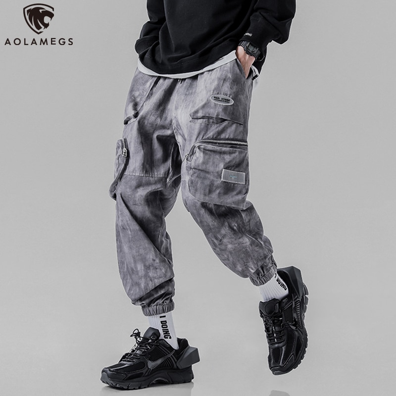 Aolamegs Sweatpants Multi-Pocket Pants Men Hip Hop Style Elastic Waist Baggy Casual High Street Cargo Pants All-match Streetwear