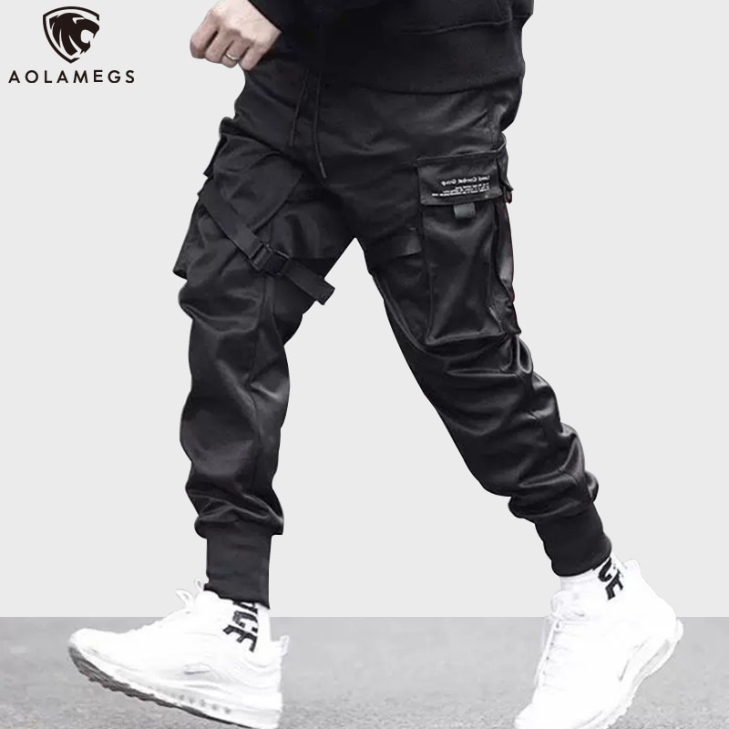 Aolamegs Sweatpants  Solid Color Men Pants Elastic Waist Drawstring Multi-Pocket Cargo Pants Baggy High Street Style Streetwear