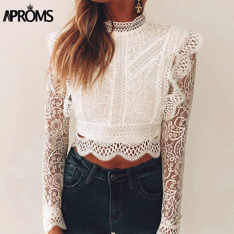 Aproms White Lace Embroidery Cropped Blouse Women Sexy High Neck Back Zipper Hollow Out Shirt Female Summer Streetwear Top 2020