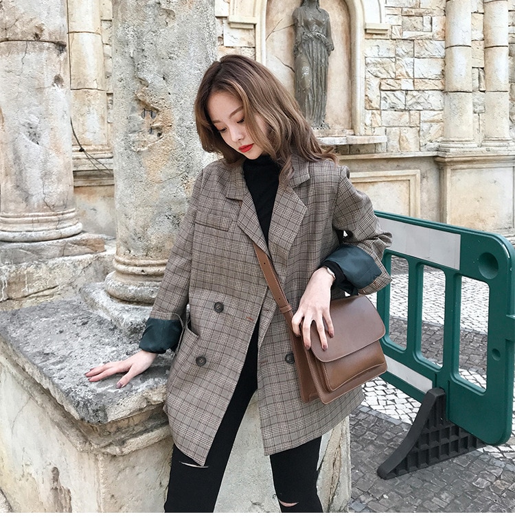 Autumn 2020 Large Size Women Checkered Small Suit Fat MM Fashion SuitXL XXL XXXL Fashion Jacket Women Coat Suit Notched Striped