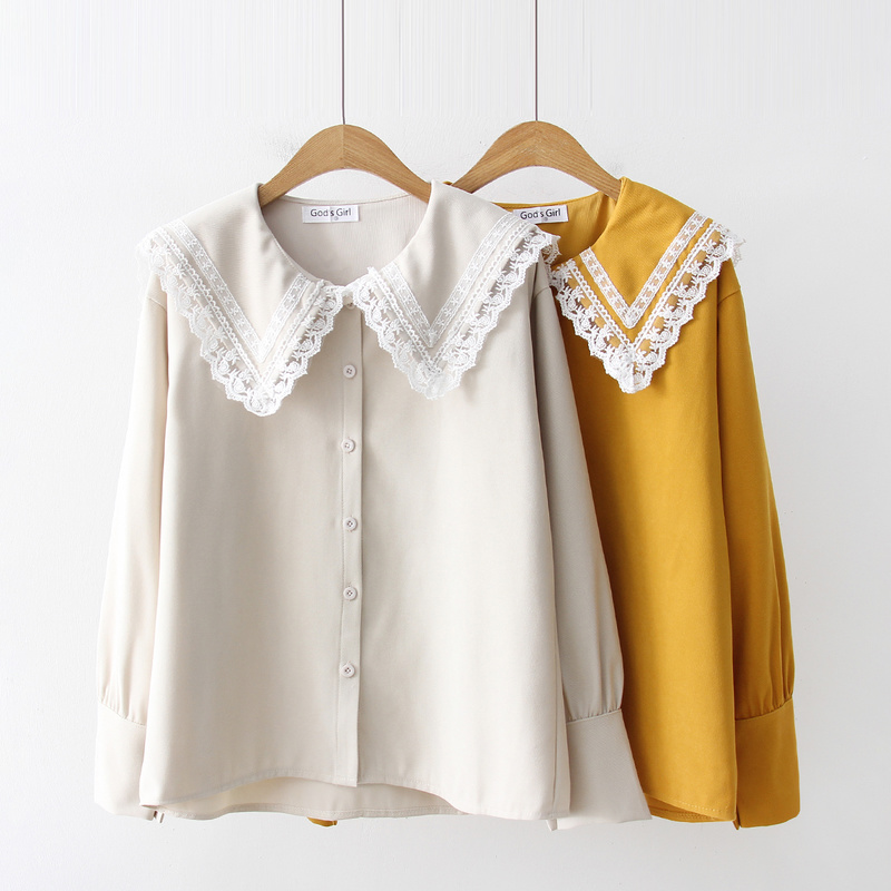 Autumn Blouses Thicken Women's Shirt Fully Sleeve Lace Sailor Collar Office Ladies Button Up White Shirts Single-breasted Top