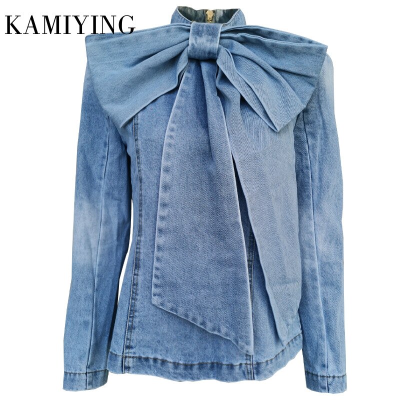 Autumn Casual Bowknot Denim Women's Shirts Long Sleeve Slim Lace Up Shirt Female 2019 New