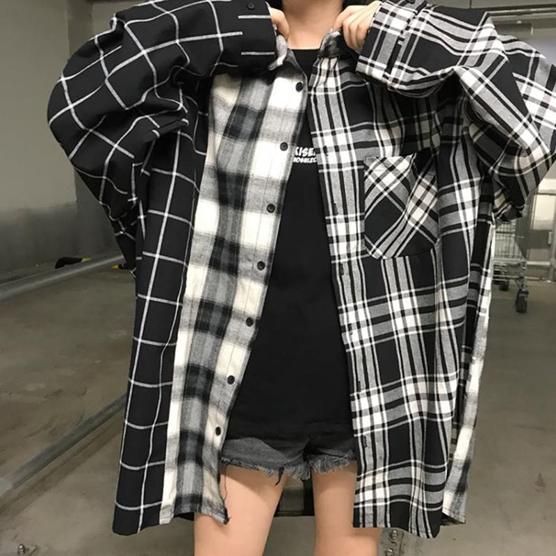 Autumn Casual Korean Style Hip Hop Harajuku Long Women Shirts Loose Lapel Plaid Button Pocket Print Female Tops High Street 2019