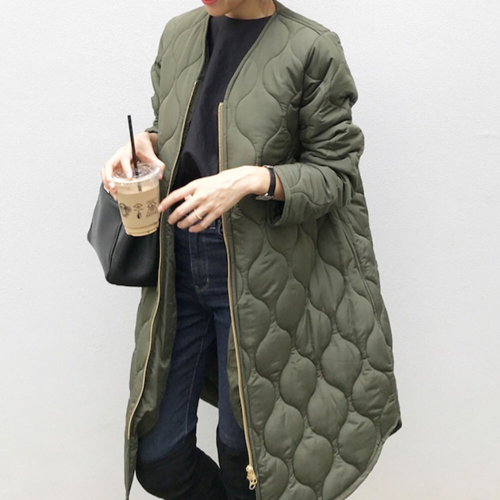 Autumn Cotton Padded Jacket Office Ladies Korean Warm Solid Green Zipper Retro Causal Long Parkas Winter Coat Outwear Overcoat