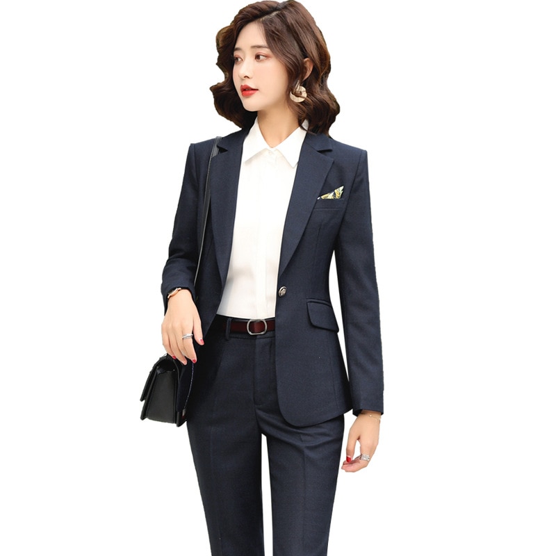 Autumn Winter Blue / Gray Plaid women's pants suit set 2 pieces Office Wear Suits Female Sets blazer jacket for women costumes