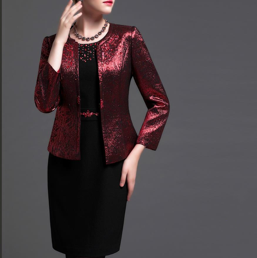 Autumn Winter Fashion Two Piece Dresses Suits Middle Aged Mother Blazer Dress Beading Formal Purple Plus Size 4xl Womens Busines